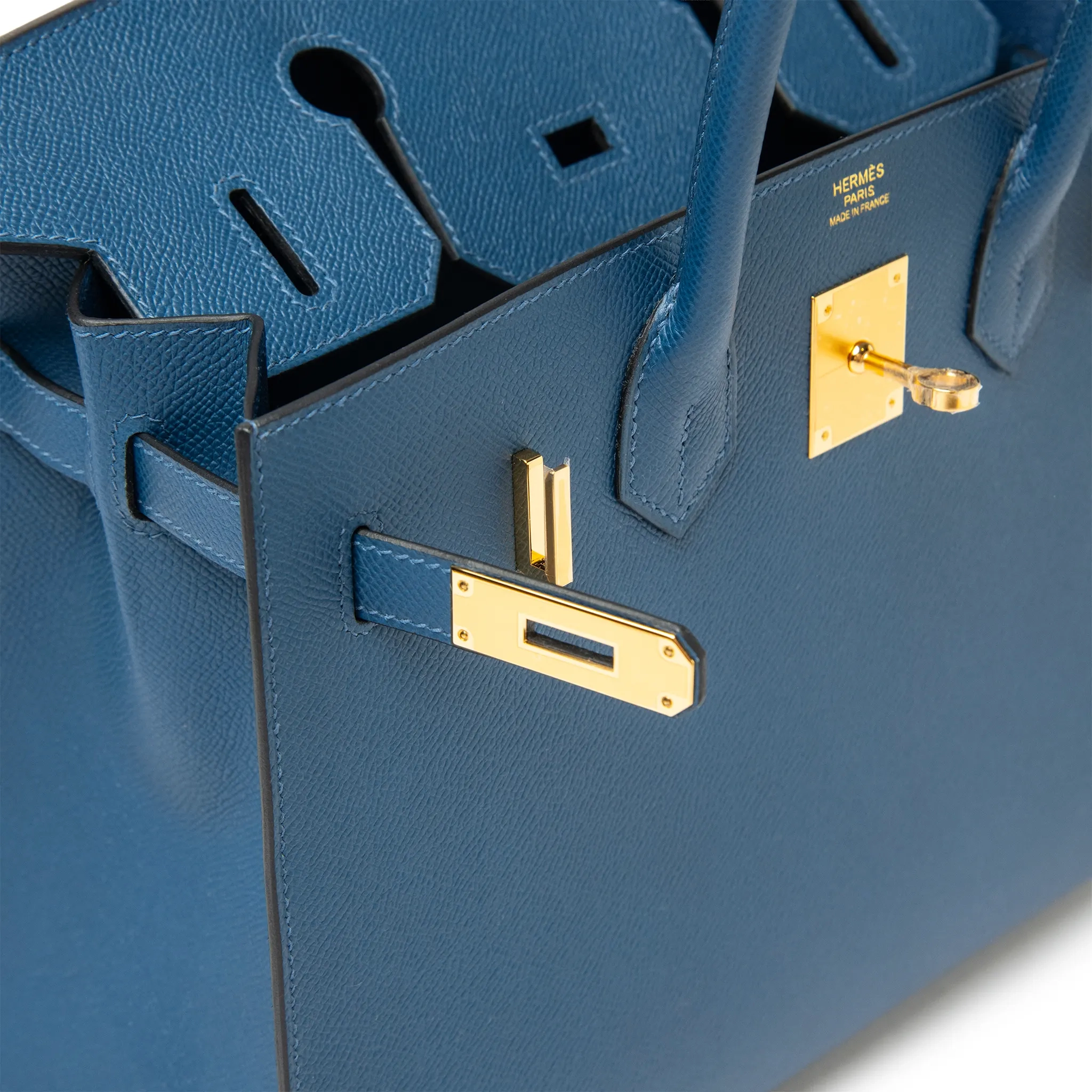 Front Detailed View of Hermès Birkin 30 Deep Blue Epsom Leather Gold Hardware LU1380225624872